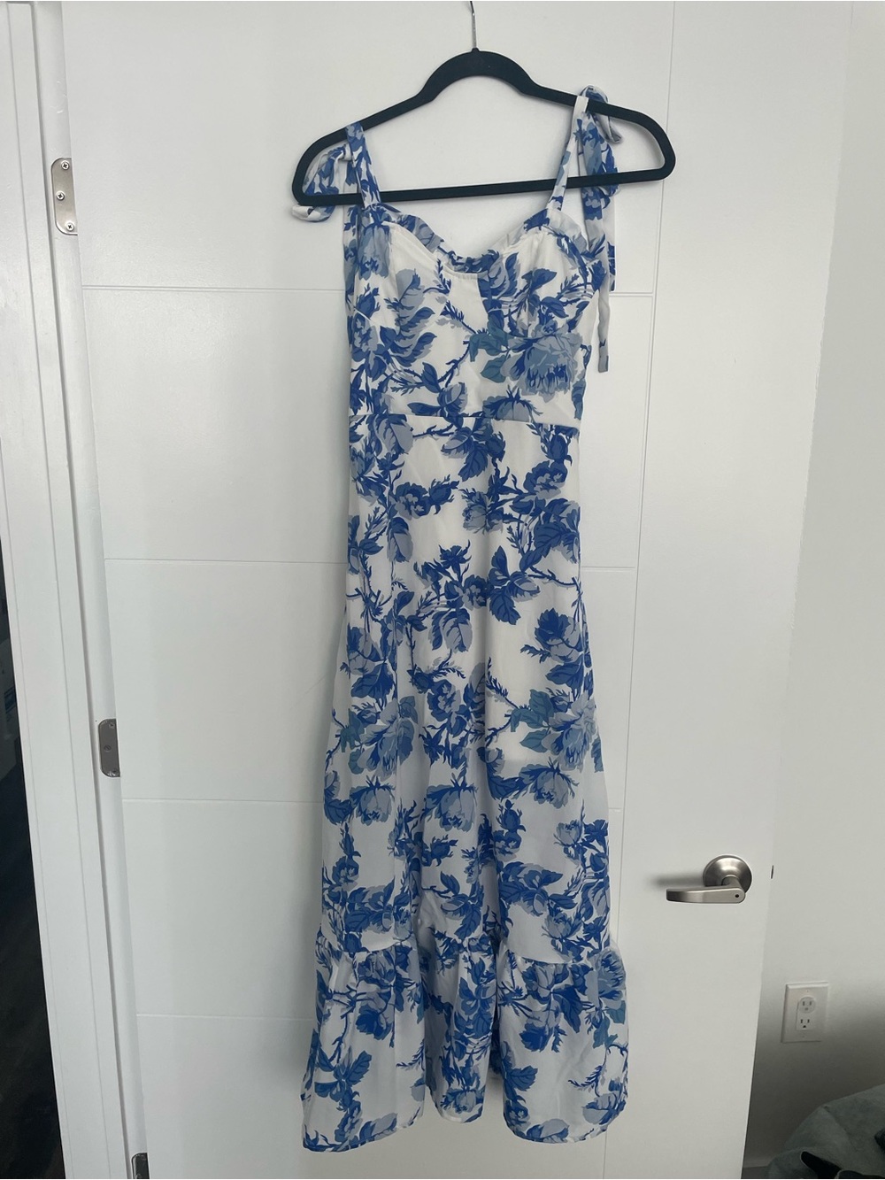 White Maxi Dress with Blue Floral Print and Tie Straps